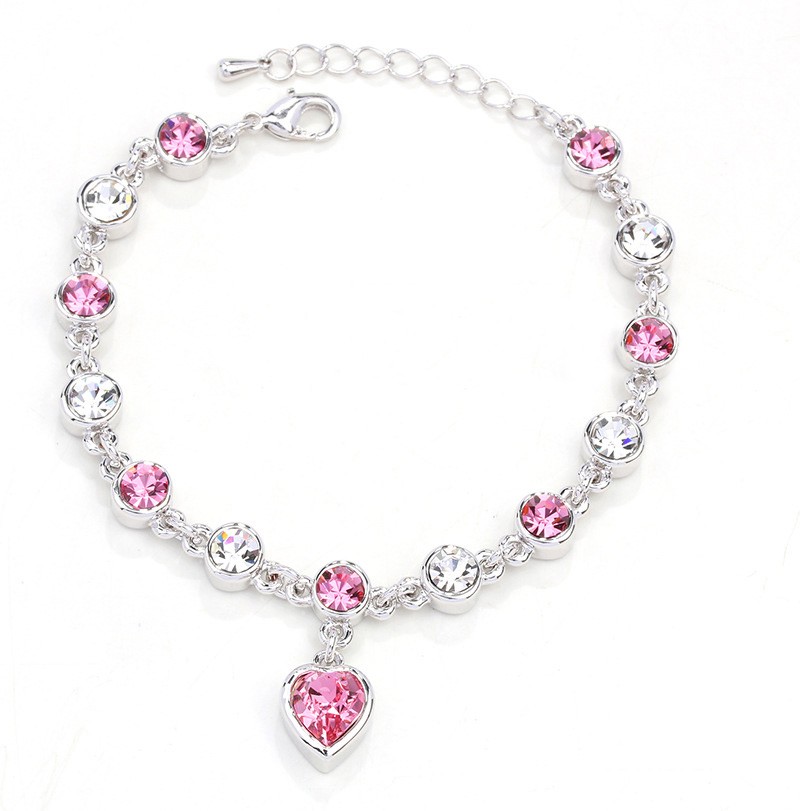 BRANSOLETKA HEART kolor srebrny, różowe kryształki