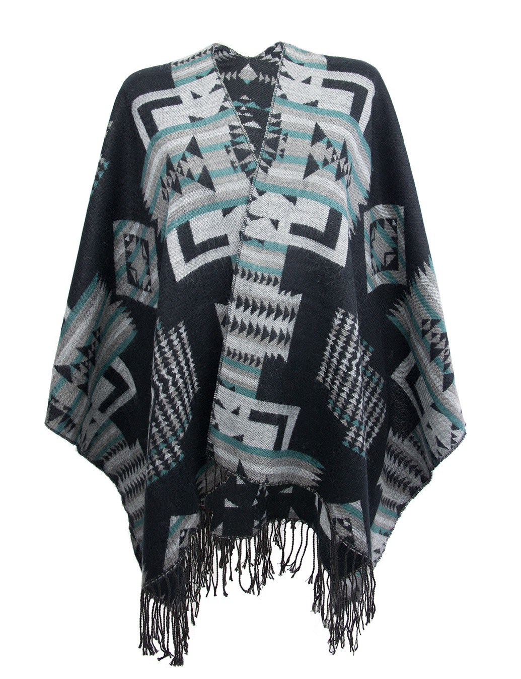 Ponczo damskie z frędzlami, poncho w azteckie wzory