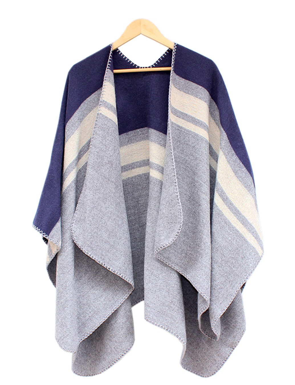 PONCHO W PASY - granatowo-szare