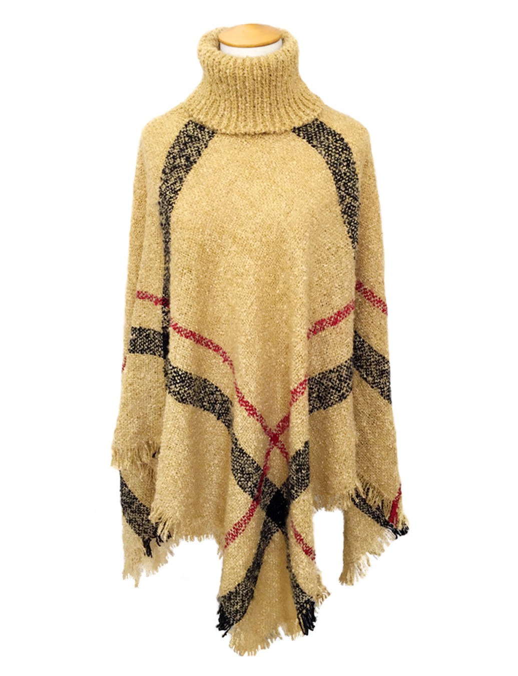 PONCHO BOUCLE W ANGIELSKĄ KRATĘ - ciemny beż
