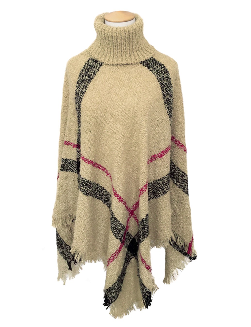 PONCHO BOUCLE W ANGIELSKĄ KRATĘ cappuccino