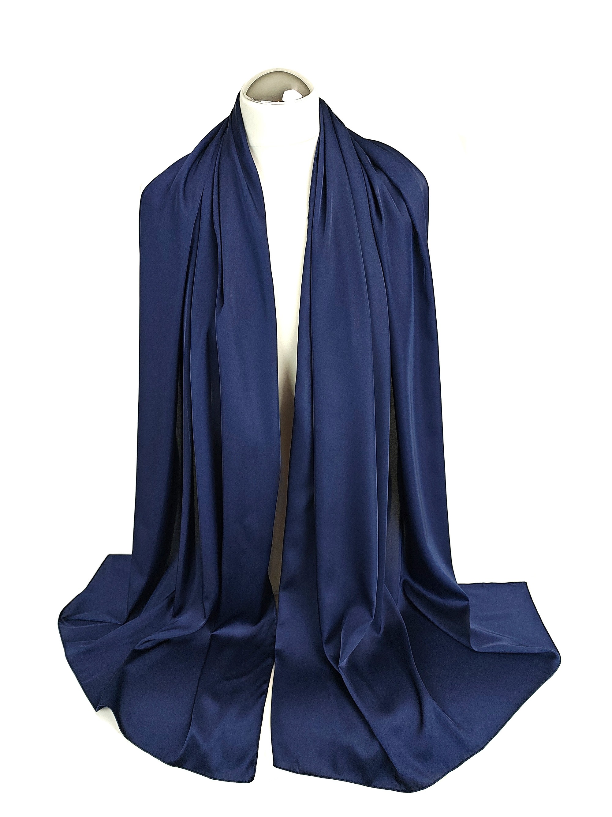Cienki szal do sukienki, satynowy szal granatowy