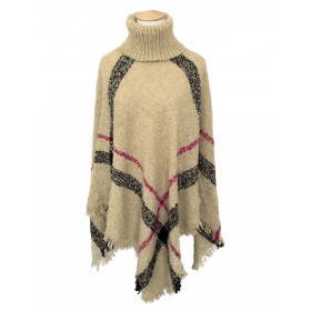 PONCZO DAMSKIE PONCHO BOUCLE Z GOLFEM beżowe