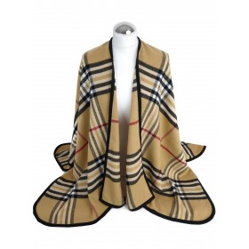 PONCZO DAMSKIE ELEGANCKIE, PONCZO W KRATĘ beżowe