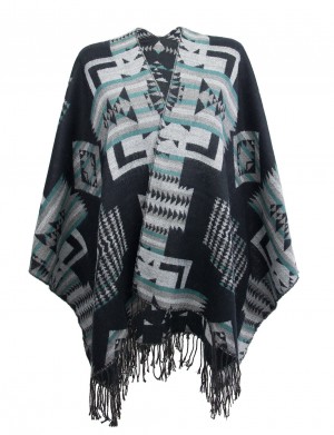Ponczo damskie z frędzlami, poncho w azteckie wzory