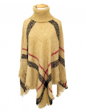 PONCZO DAMSKIE PONCHO BOUCLE Z GOLFEM ciemny beż