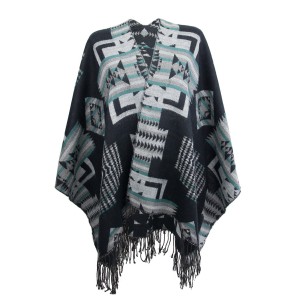 Ponczo damskie z frędzlami, poncho w azteckie wzory
