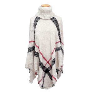 PONCZO DAMSKIE PONCHO BOUCLE Z GOLFEM jasnobeżowe