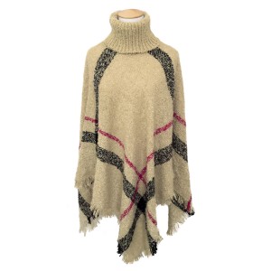 PONCZO DAMSKIE PONCHO BOUCLE Z GOLFEM beżowe