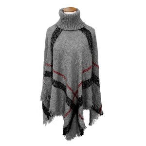 PONCZO DAMSKIE PONCHO BOUCLE Z GOLFEM grafitowe