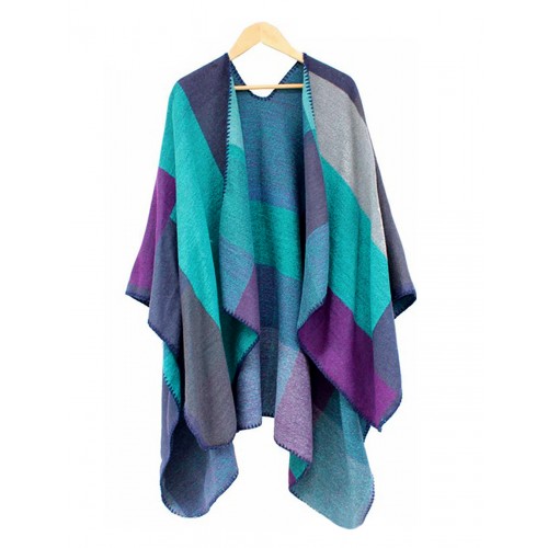 PONCHO W KWADRATY - fiolet, granat, morski