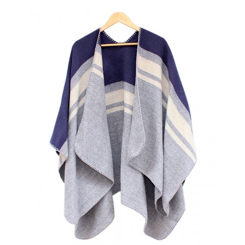 PONCHO W PASY - granatowo-szare
