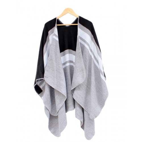 PONCHO W PASY - czarno-szare