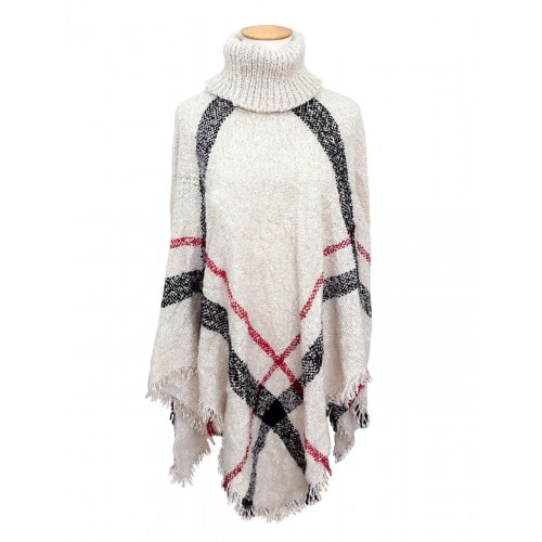 PONCHO BOUCLE W ANGIELSKĄ KRATĘ - beżowe