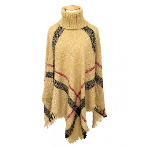 PONCHO BOUCLE W ANGIELSKĄ KRATĘ ciemny beż