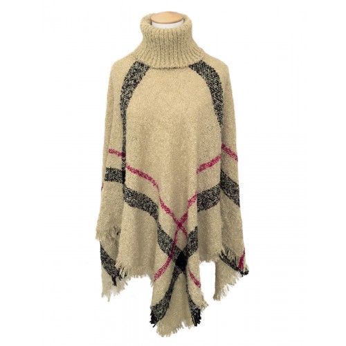 PONCHO BOUCLE W ANGIELSKĄ KRATĘ - cappuccino