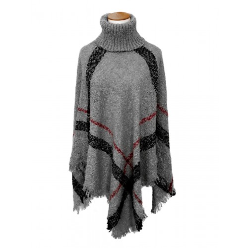PONCHO BOUCLE W ANGIELSKĄ KRATĘ - grafitowe